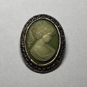 Vintage Green Cameo Brooch Pendant Signed Peri